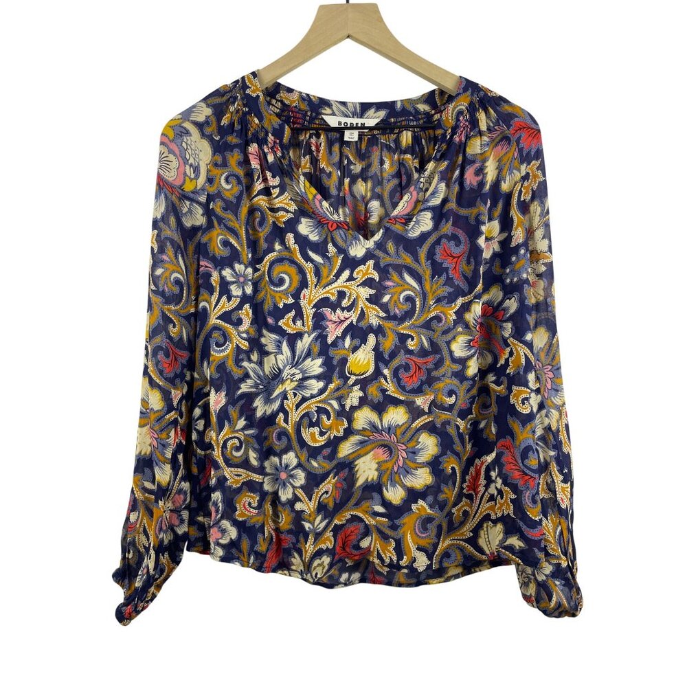 Boden Women's Size 4 Grace Top Botanical Lawn Moody Floral Sheer Blouse Blue